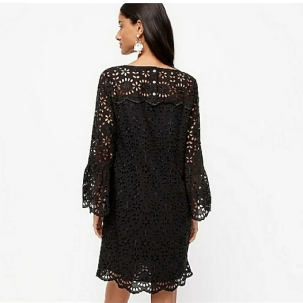 J.Crew Cora Lace Embroidered Eyelet Black Bell Sleeve Dress Size 0